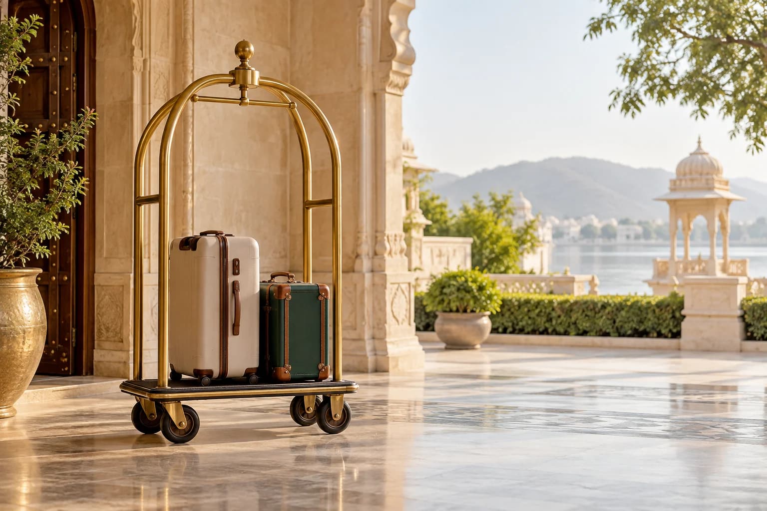 Luggage trolley and organised guest arrival area at a heritage venue