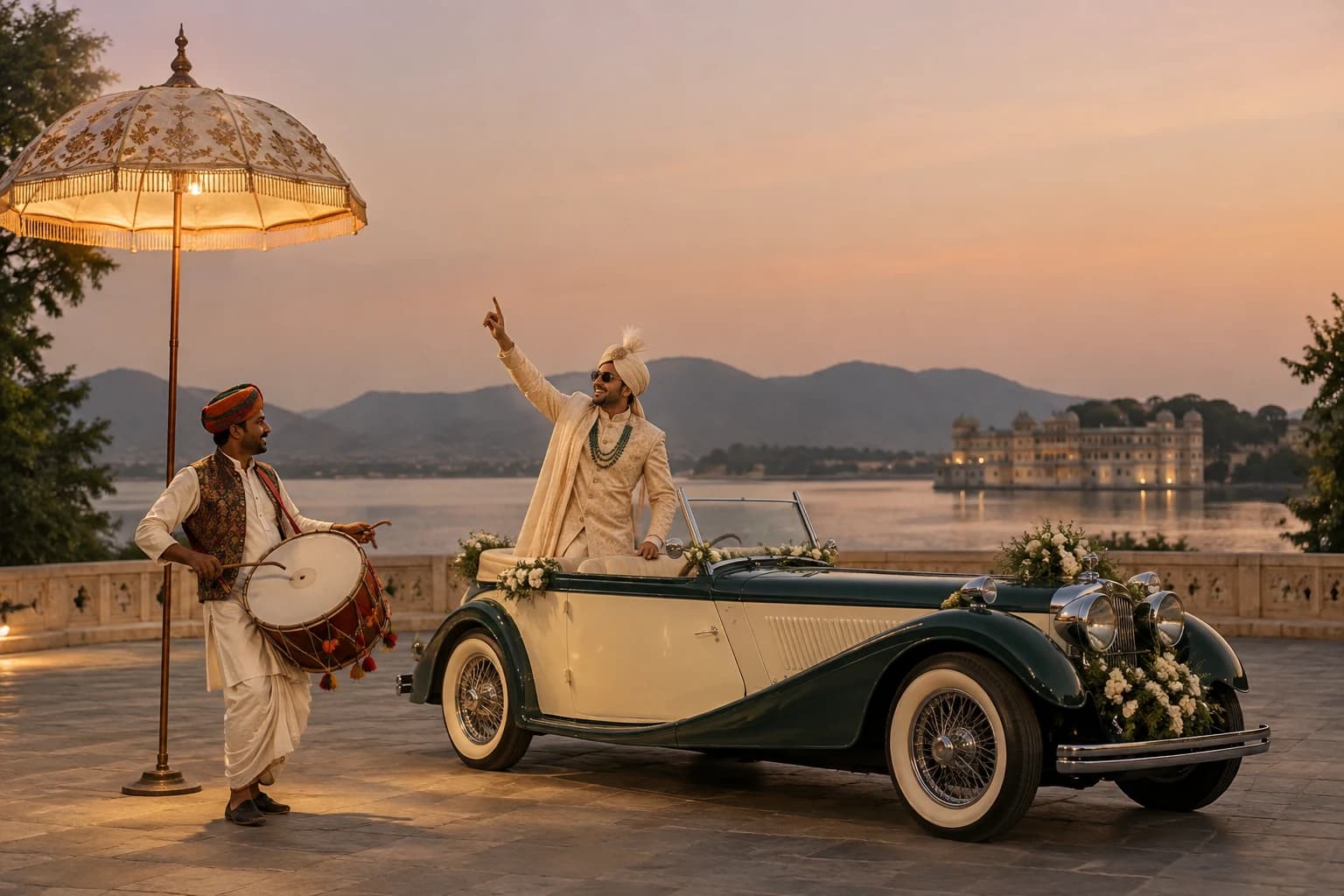 A dhol performer and wedding guest beside a vintage car