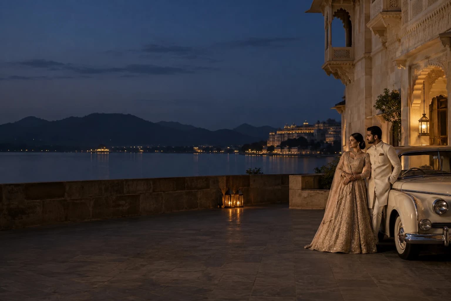 A wedding couple and classic car beside the lake
