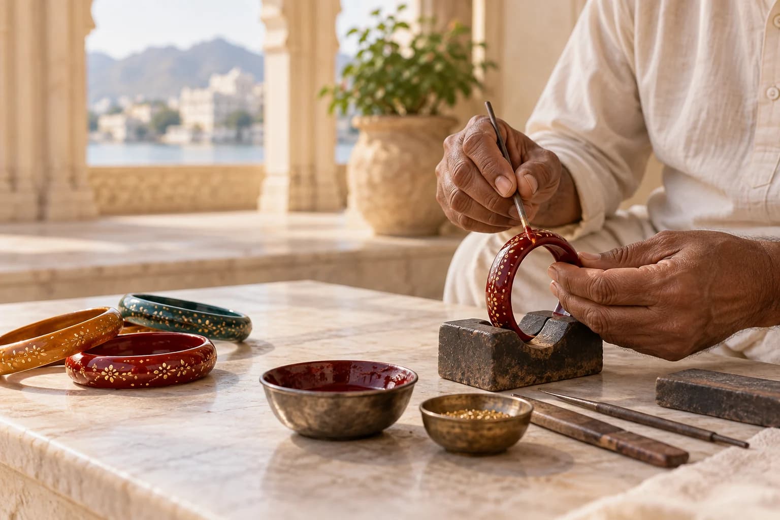 An artisan decorating a bangle