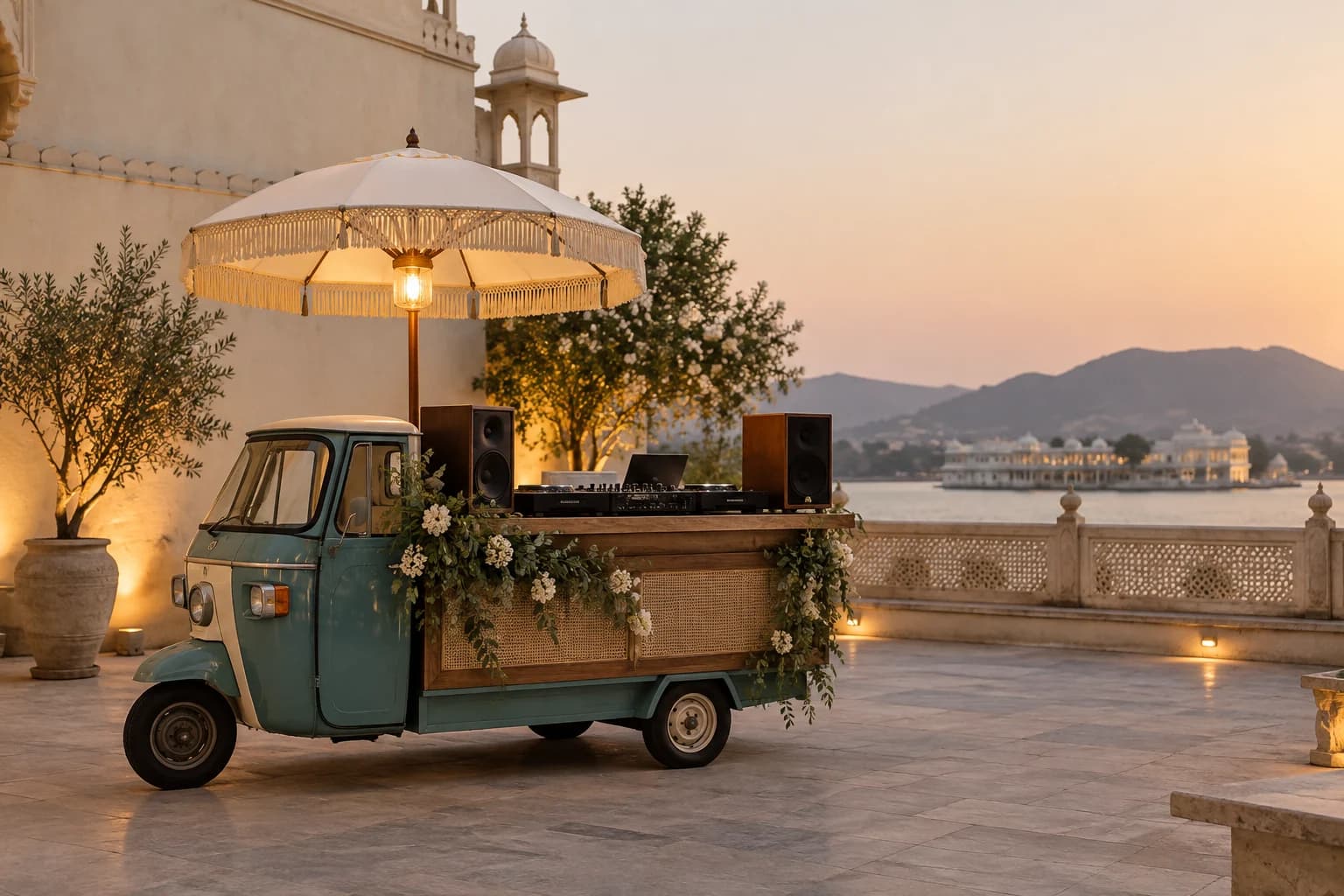 A mobile DJ setup in a quiet Udaipur courtyard
