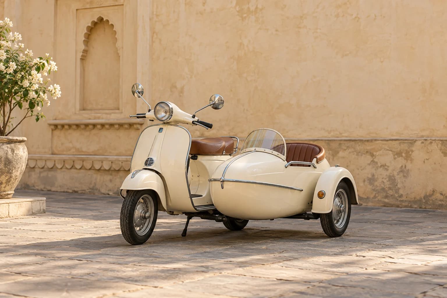 A classic scooter with sidecar for an event entrance