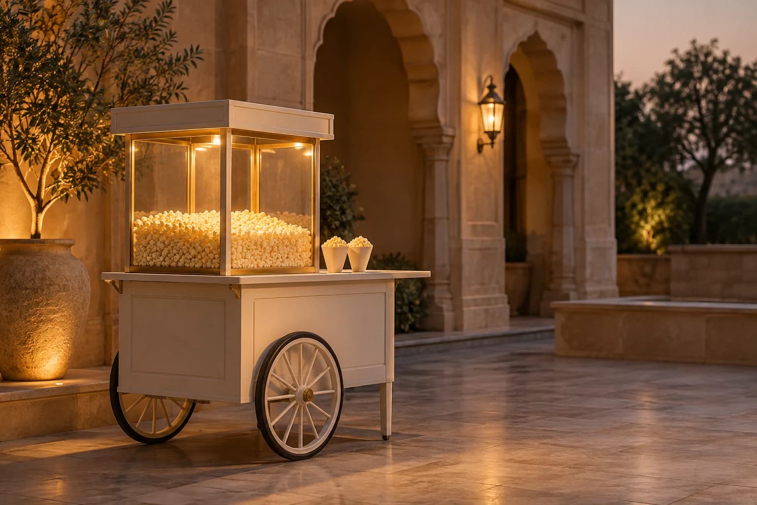 A single popcorn cart in a quiet courtyard