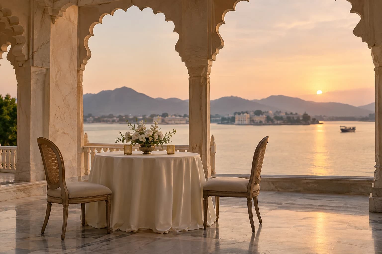 A simple table and two chairs overlooking the lake