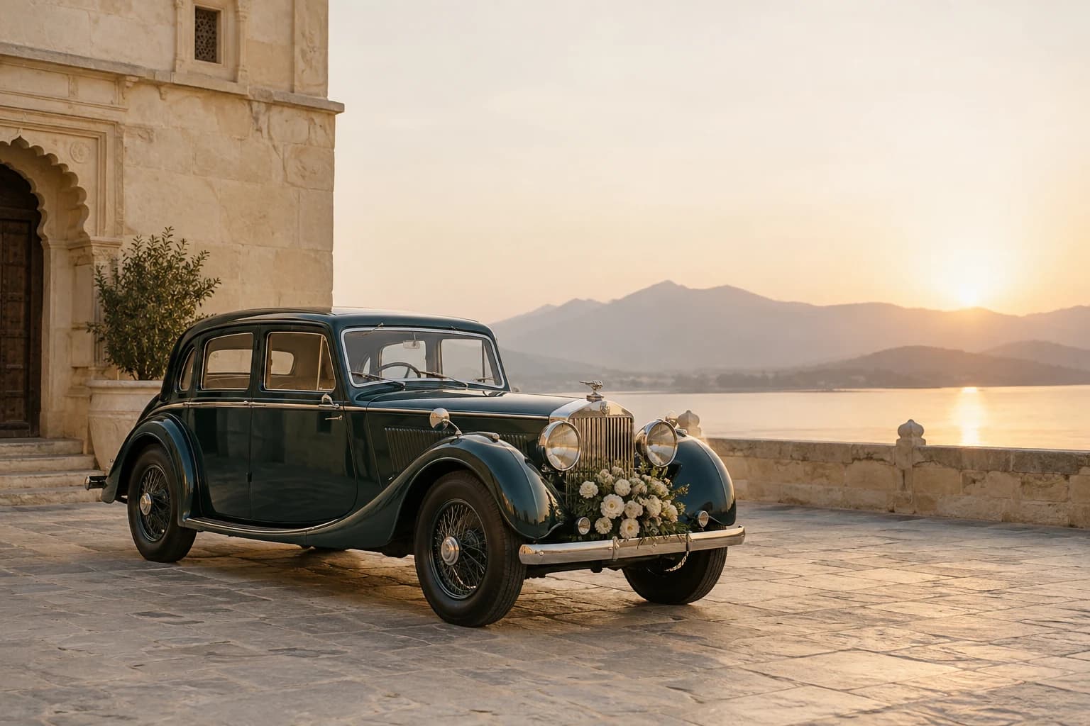 A single classic dark teal car parked beside a heritage haveli