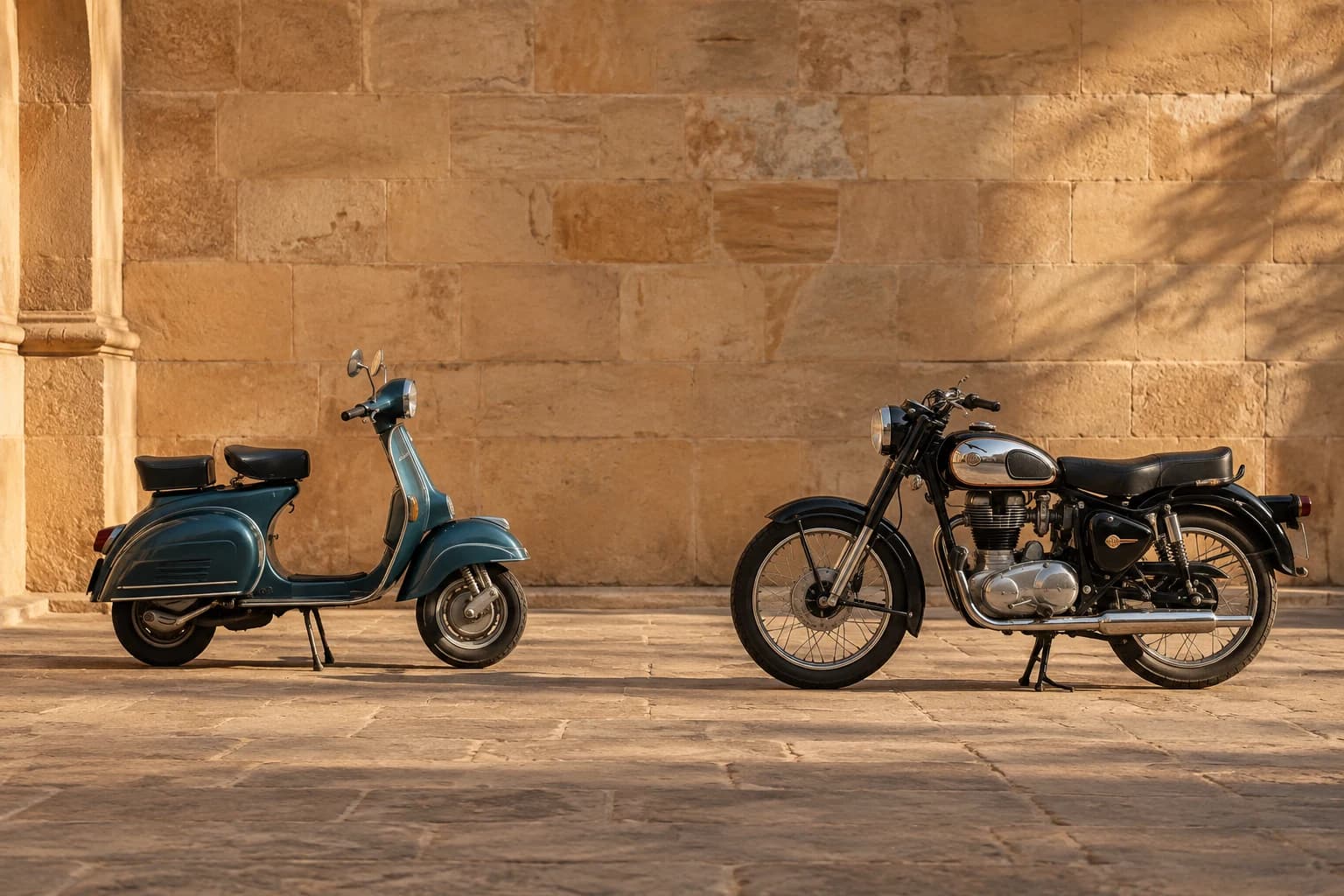 One scooter and motorcycle outside a heritage building