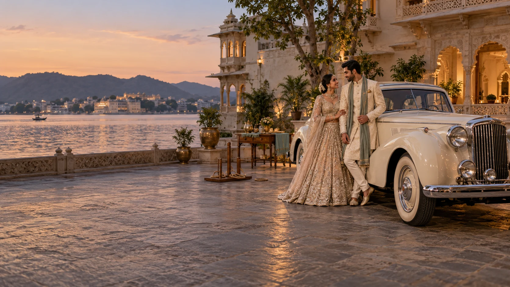 A newlywed couple, vintage car and quiet craft and games setting by Udaipur’s lake at dusk